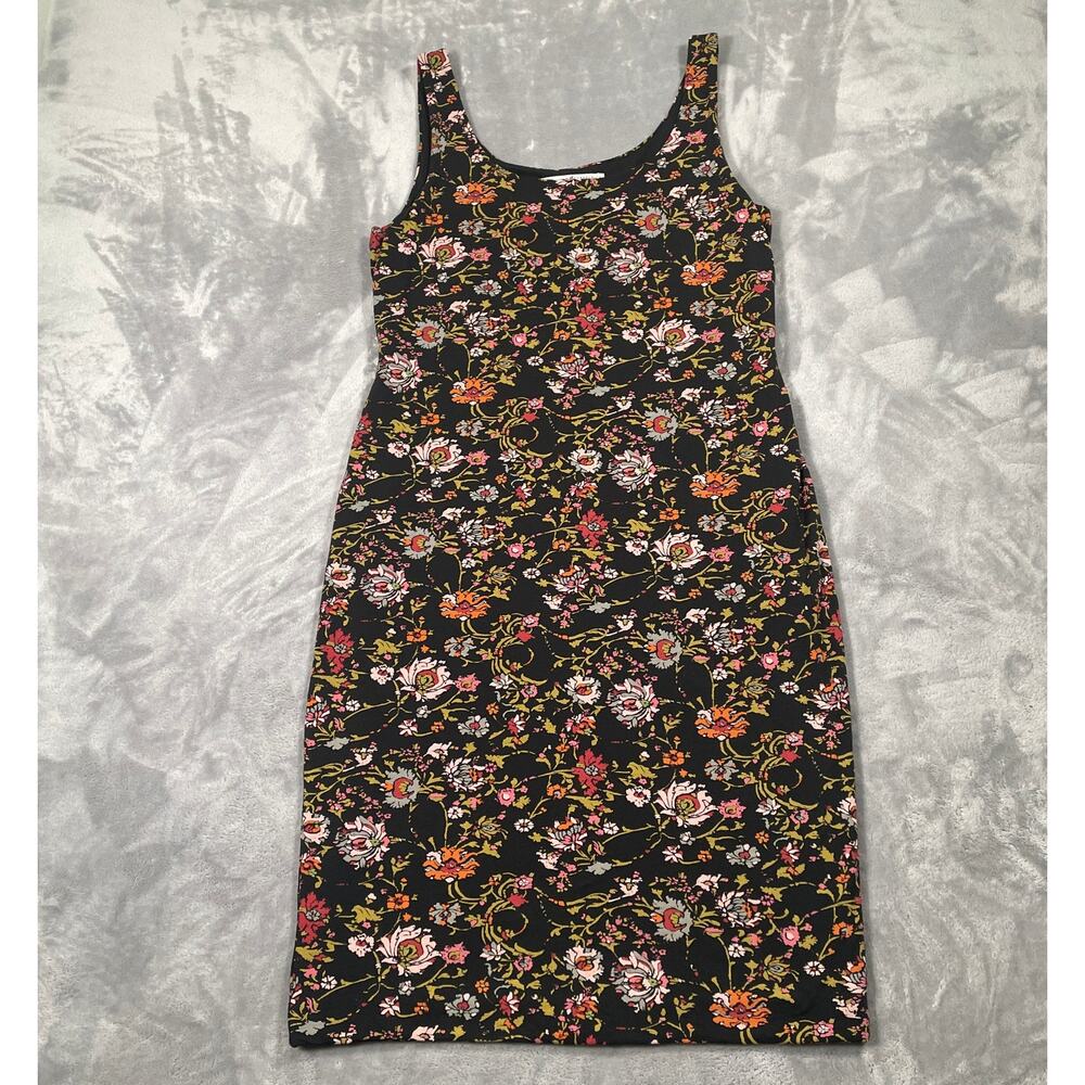 Peruvian Connection Dress Large Black Floral Tank 90s Indie Stretchy Boho